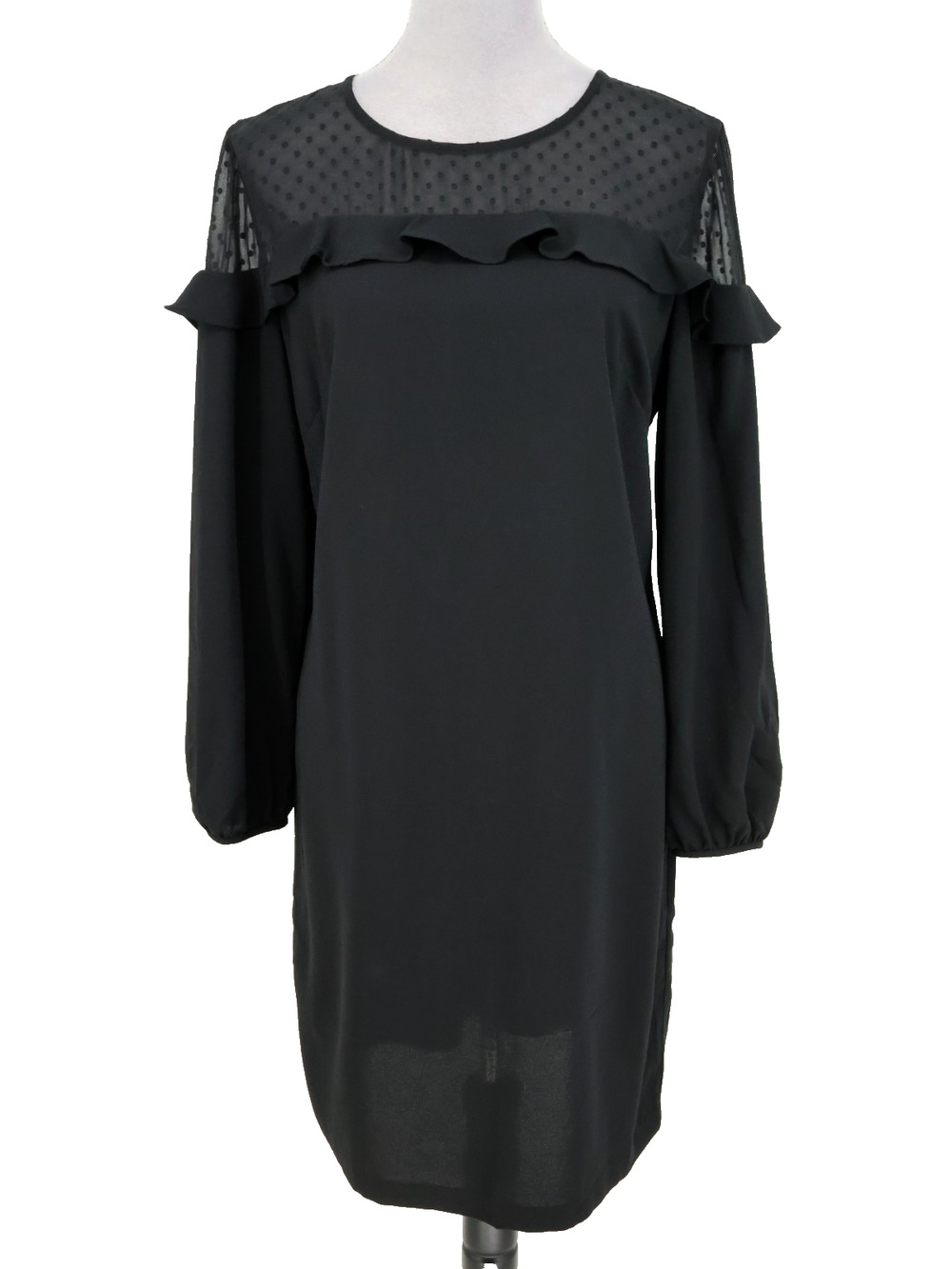 Loft Dress Womens 12 Black Sheer Swiss Dot Shoulders Stretch Torso Zip Lined New